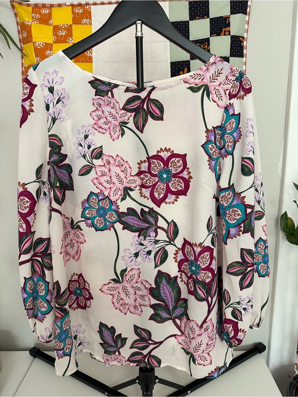 Talbots Cream Floral Blouse with Pink & Teal Flowers